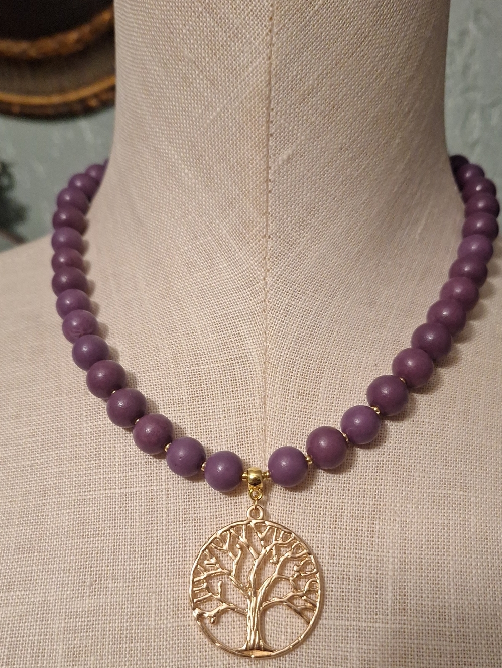 Purple Beaded Necklace with Gold Tree Pendant